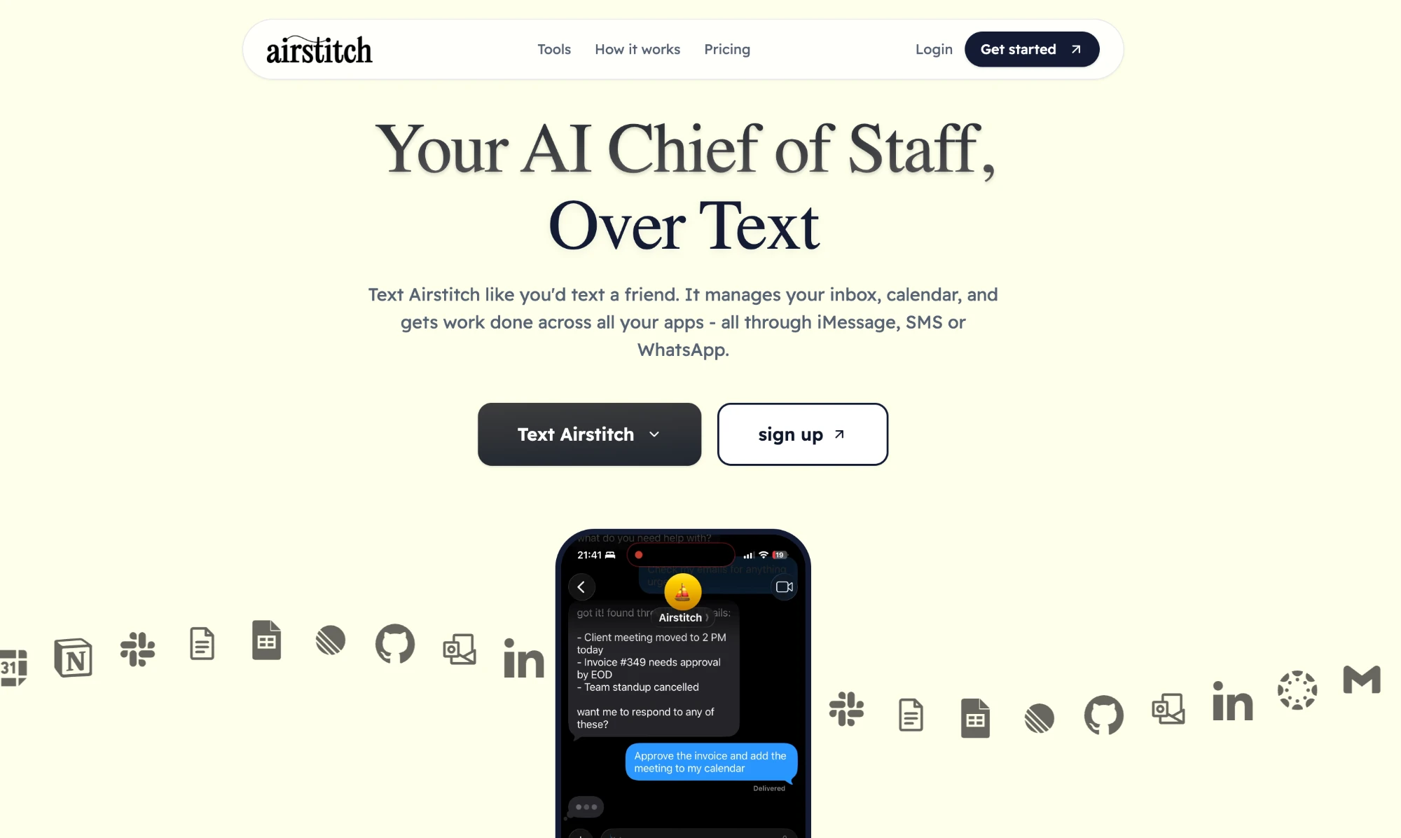 The Airstitch website, showing an iMessage conversation where the assistant summarizes urgent emails