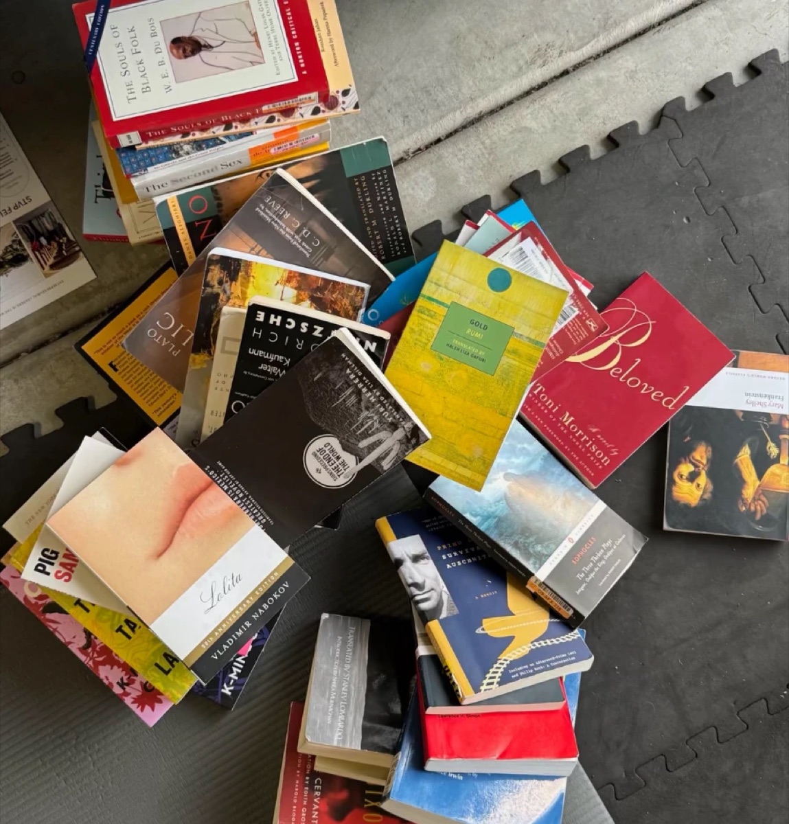 Paperback books spread across the floor